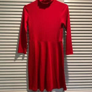 Red long sleeved flare dress with vertical stripes